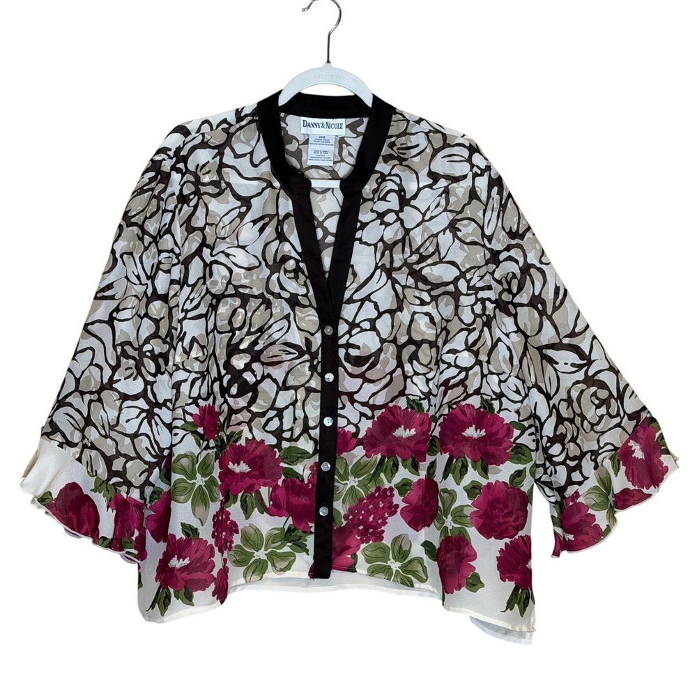 DANNY & NICOLE Kimono Jacket Blouse‎ Beige Pink Brown Plus 20W Floral Print